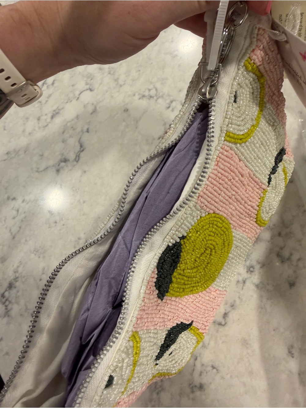 Beaded Pink & Yellow Fruit-Pattern (Apple) Shoulder Bag - Picture 7 of 8